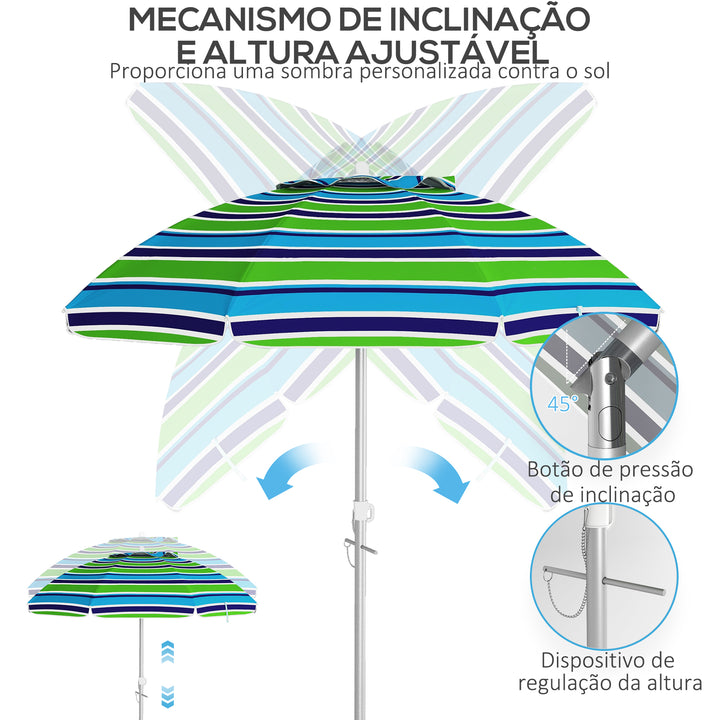 Chapéu de Sol de Praia Ø178x205 cm Chapéu de Sol para Terraço com Inclinação de 45° e Altura Ajustável Abertura Manual Anti-UV Impermeável e Bolsa de Transporte para Jardim Piscina Multicolor