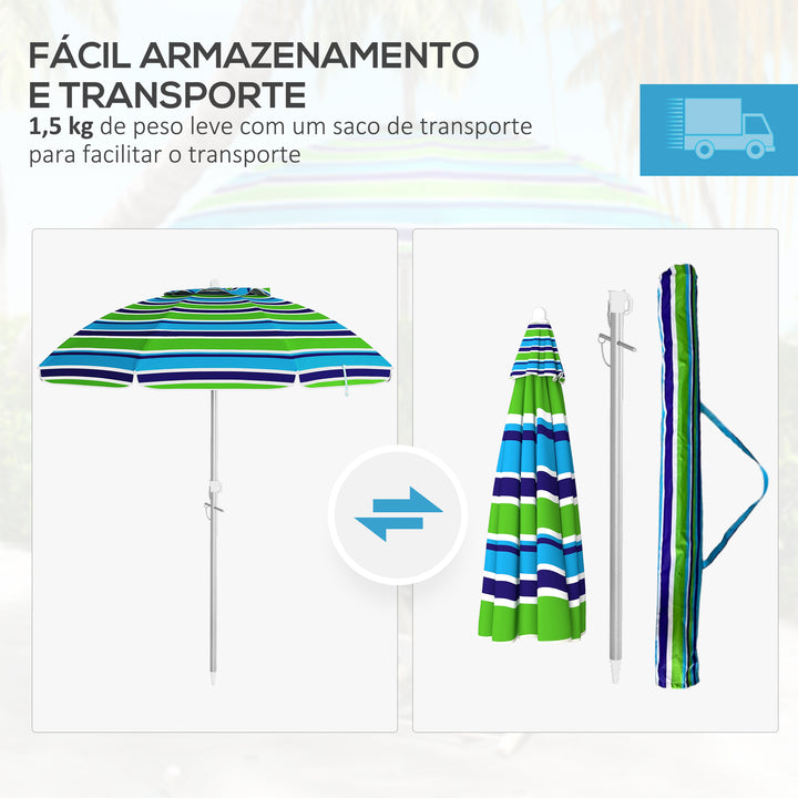 Chapéu de Sol de Praia Ø178x205 cm Chapéu de Sol para Terraço com Inclinação de 45° e Altura Ajustável Abertura Manual Anti-UV Impermeável e Bolsa de Transporte para Jardim Piscina Multicolor
