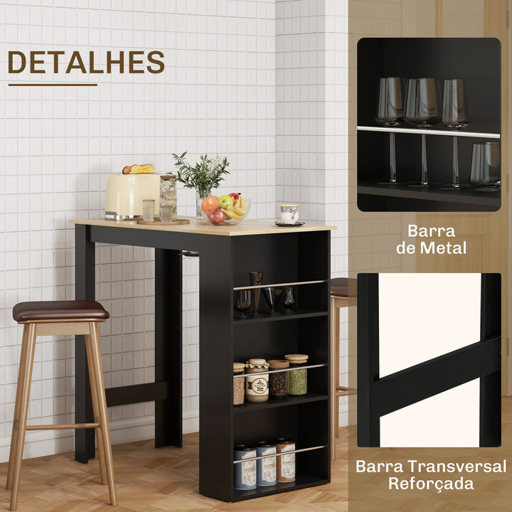 Mesa de Bar de Bistrô com 3 Prateleiras com Suporte Estilo Moderno para Cozinha Sala de Jantar Sala de Estar Estrutura de Melamina 112x57x106 cm Preto e Madeira