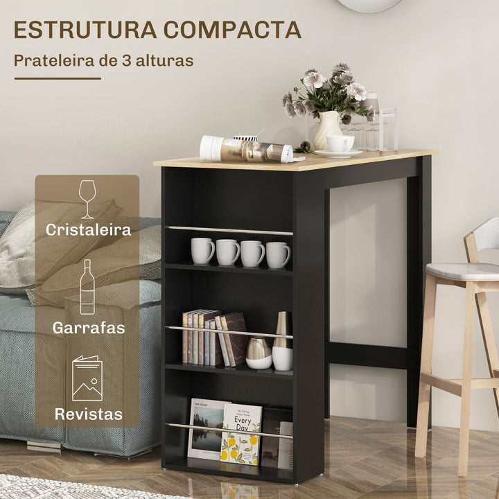 Mesa de Bar de Bistrô com 3 Prateleiras com Suporte Estilo Moderno para Cozinha Sala de Jantar Sala de Estar Estrutura de Melamina 112x57x106 cm Preto e Madeira