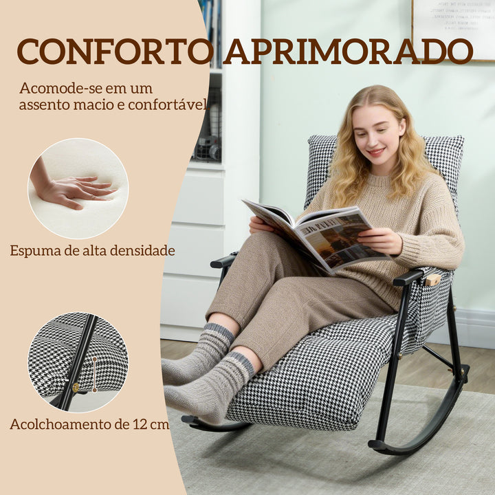 Poltrona Baloiço com Encosto e Apoia-Pés Ajustáveis Poltrona Baloiço 105° Estofada em Linho com Bolso Lateral e Estrutura de Metal Suporta 120 kg para Quarto Sala Preto e Branco