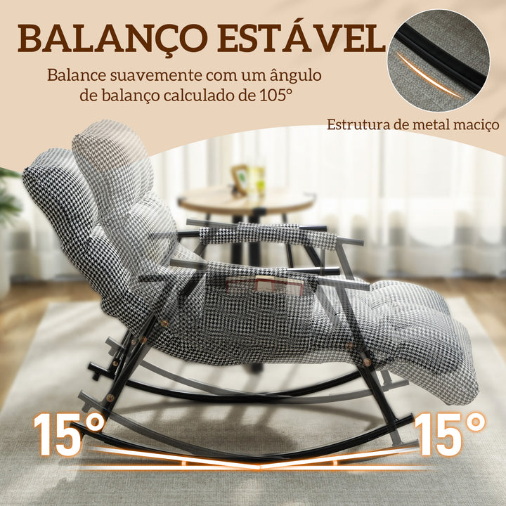 Poltrona Baloiço com Encosto e Apoia-Pés Ajustáveis Poltrona Baloiço 105° Estofada em Linho com Bolso Lateral e Estrutura de Metal Suporta 120 kg para Quarto Sala Preto e Branco