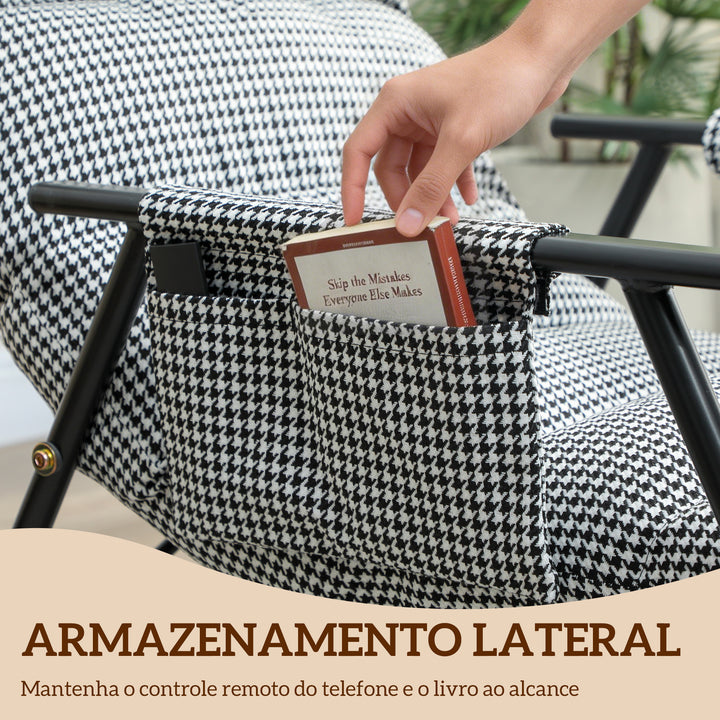 Poltrona Baloiço com Encosto e Apoia-Pés Ajustáveis Poltrona Baloiço 105° Estofada em Linho com Bolso Lateral e Estrutura de Metal Suporta 120 kg para Quarto Sala Preto e Branco