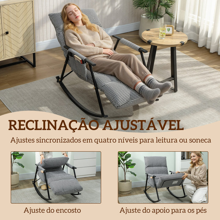 Poltrona Baloiço com Encosto e Apoia-Pés Ajustáveis Poltrona Baloiço 105° Estofada em Linho com Bolso Lateral e Estrutura de Metal Suporta 120 kg para Quarto Sala Preto e Branco