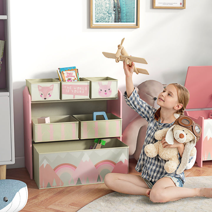 Estante para Brinquedos com 6 Caixas de Tecido não Tecido Amovíveis Organizador de Brinquedos para Crianças de 3-8 Anos para Dormitório 63x30x66 cm Rosa
