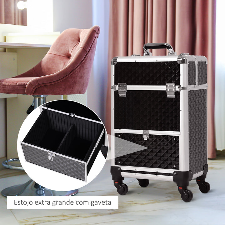 Mala de Maquilhagem Profissional com Gaveta Mala de Maquilhagem com Rodas para Viagem Trabalho 34x25x62 cm Preto