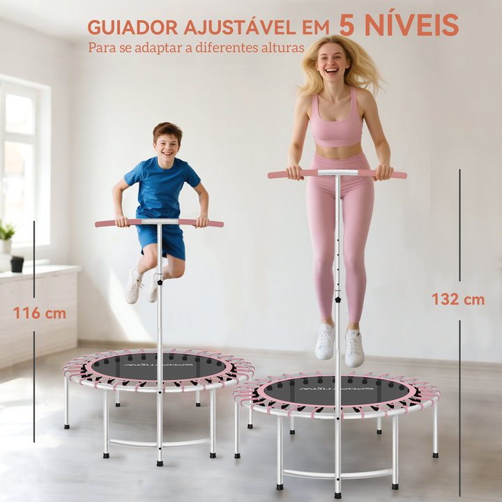 Trampolim de Fitness Adultos Ø102 cm Mini Trampolim Fitness com Pega Ajustável de 5 Níveis Estrutura em Aço para Treino de Pernas Corpo em Casa Escritório Ginásio Rosa