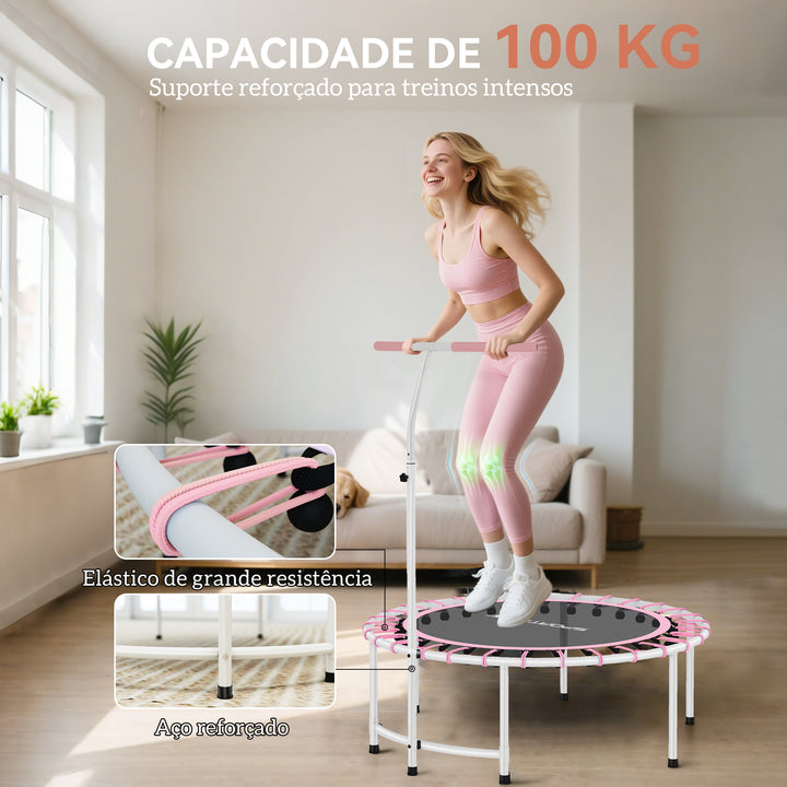 Trampolim de Fitness Adultos Ø102 cm Mini Trampolim Fitness com Pega Ajustável de 5 Níveis Estrutura em Aço para Treino de Pernas Corpo em Casa Escritório Ginásio Rosa