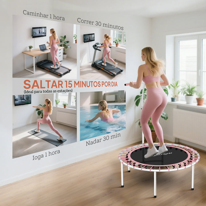 Trampolim de Fitness Adultos Ø102 cm Mini Trampolim Fitness com Pega Ajustável de 5 Níveis Estrutura em Aço para Treino de Pernas Corpo em Casa Escritório Ginásio Rosa