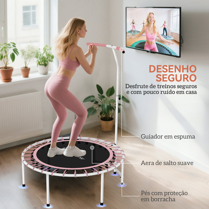Trampolim de Fitness Adultos Ø102 cm Mini Trampolim Fitness com Pega Ajustável de 5 Níveis Estrutura em Aço para Treino de Pernas Corpo em Casa Escritório Ginásio Rosa