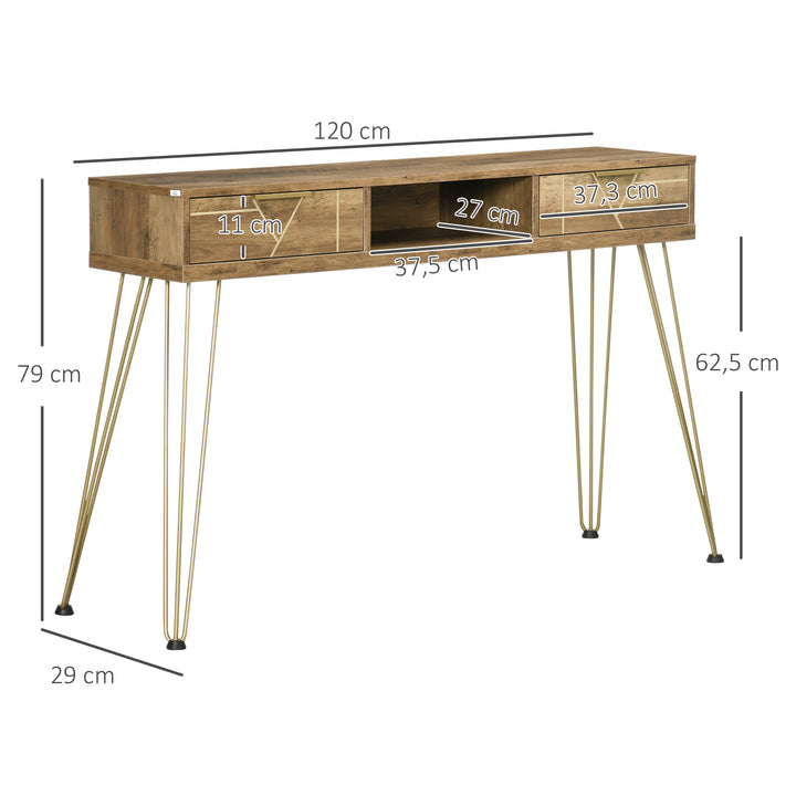 Consola Móvel de Entrada com 2 Gavetas Prateleira Aberta e Pés de Aço para Sala de Estar Corredor Estilo Moderno 120x29x79cm Madeira e Bronze