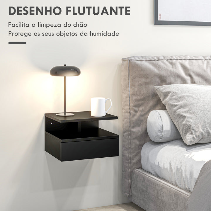 Conjunto de 2 Mesas de Cabeceira Flutuante com 1 Gaveta e Prateleira Aberta com Desenho Moderno Montado na Parede 35x32x22,5cm Preto