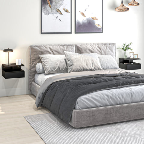 Conjunto de 2 Mesas de Cabeceira Flutuante com 1 Gaveta e Prateleira Aberta com Desenho Moderno Montado na Parede 35x32x22,5cm Preto