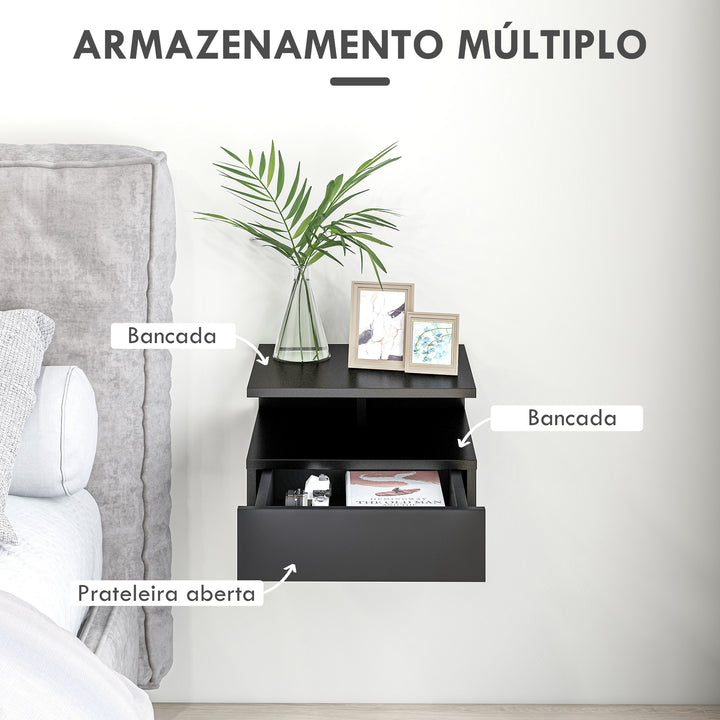 Conjunto de 2 Mesas de Cabeceira Flutuante com 1 Gaveta e Prateleira Aberta com Desenho Moderno Montado na Parede 35x32x22,5cm Preto