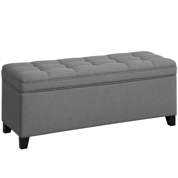 Puff de Armazenamento Banco 112L Estofado em Linho com 2 Dobradiças de Segurança Tampa Rebatível e Assento com Capitonê para Quarto Sala de Estar Entrada Carga 120 kg 120x40x48 cm Cinza Escuro