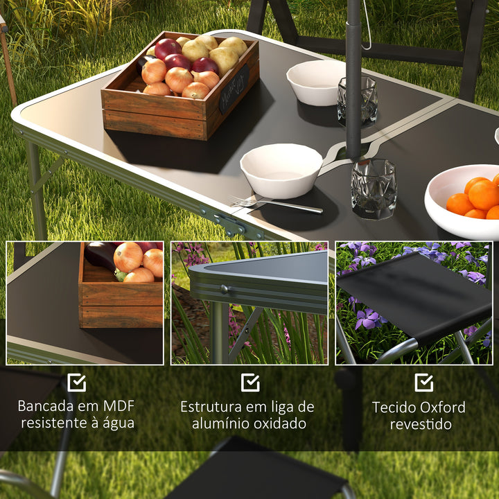 Conjunto de Campismo de 5 Peças Mesa de Campismo Dobrável com Assentos Inclui 1 Mesa para Campismo Ajustável em Altura com Orifício e 4 Assentos Dobráveis para Piquenique Preto