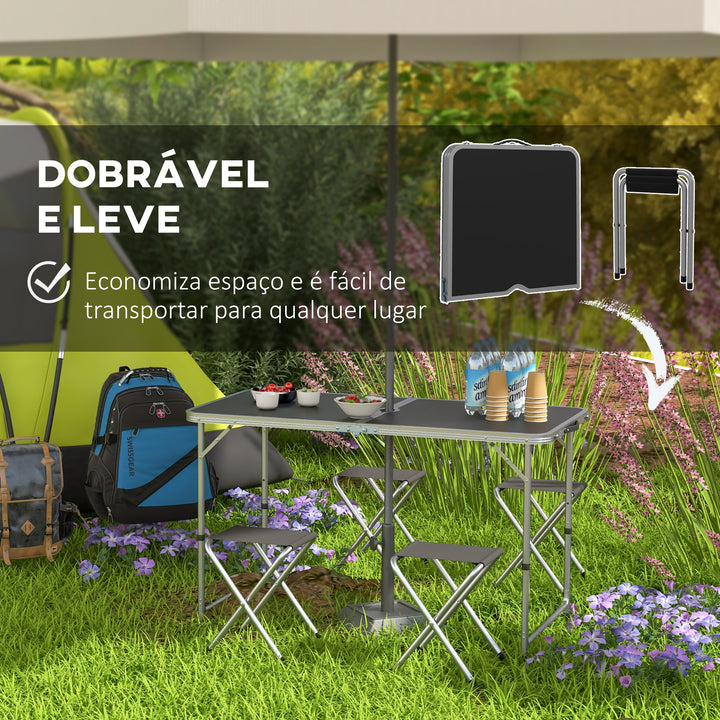 Conjunto de Campismo de 5 Peças Mesa de Campismo Dobrável com Assentos Inclui 1 Mesa para Campismo Ajustável em Altura com Orifício e 4 Assentos Dobráveis para Piquenique Preto