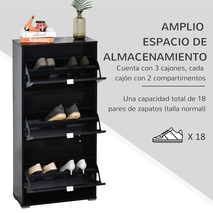 Armário de sapatos com 6 prateleiras Porta Inclinada capacidade de 18 Pares Preto