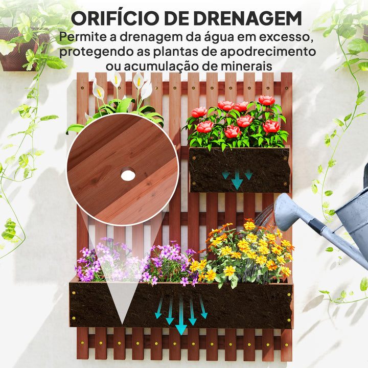Floreira de Parede com Treliça Floreira Vertical de Madeira com 4 Vasos Móveis e Orifício de Drenagem para Jardim Varanda Pátio 60x16x80 cm Castanho