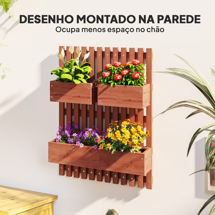 Floreira de Parede com Treliça Floreira Vertical de Madeira com 4 Vasos Móveis e Orifício de Drenagem para Jardim Varanda Pátio 60x16x80 cm Castanho