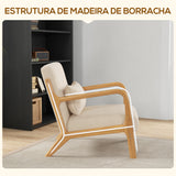 Poltrona Sala de Estar Nórdica Poltrona Individual Acolchoada com Apoio para os Braços e Estrutura de Madeira de Borracha para Dormitório Carga 120 kg 61x78x76 cm Bege