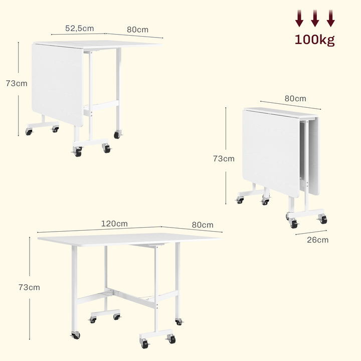Mesa Dobrável de Cozinha para 4-6 Pessoas Mesa de Sala de Jantar Dobrável com Rodas e Laterais Dobráveis Mesa para Cozinha 120x80x73 cm Branco