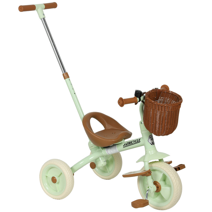Triciclo para Bebés 2 em 1 Triciclo Evolutivo para Crianças de 2-5 Anos com Barra Parental Ajustável Pedais Antideslizantes Apoio para Pés Rebatível e Cesto 93,5x47x96 cm Verde