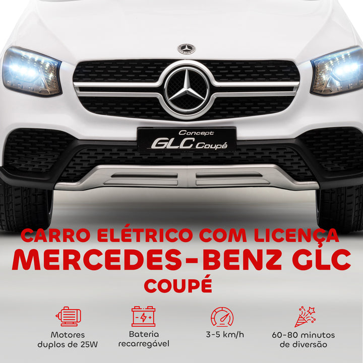 Carro Elétrico para Crianças, Mercedes-Benz GLC Coupé, Carro a Bateria 12V, com Controlo Remoto 2,4G, Motor Duplo, MP3, Buzina e Faróis LED, para Crianças dos 3 aos 6 Anos, Branco