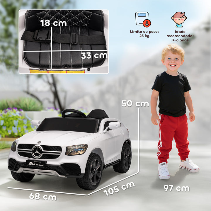 Carro Elétrico para Crianças, Mercedes-Benz GLC Coupé, Carro a Bateria 12V, com Controlo Remoto 2,4G, Motor Duplo, MP3, Buzina e Faróis LED, para Crianças dos 3 aos 6 Anos, Branco