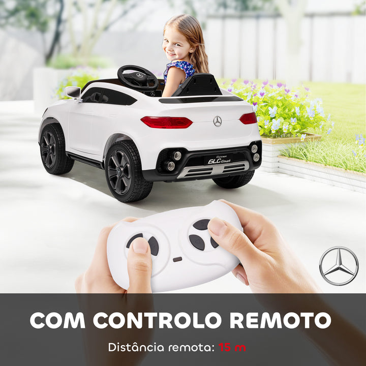 Carro Elétrico para Crianças, Mercedes-Benz GLC Coupé, Carro a Bateria 12V, com Controlo Remoto 2,4G, Motor Duplo, MP3, Buzina e Faróis LED, para Crianças dos 3 aos 6 Anos, Branco