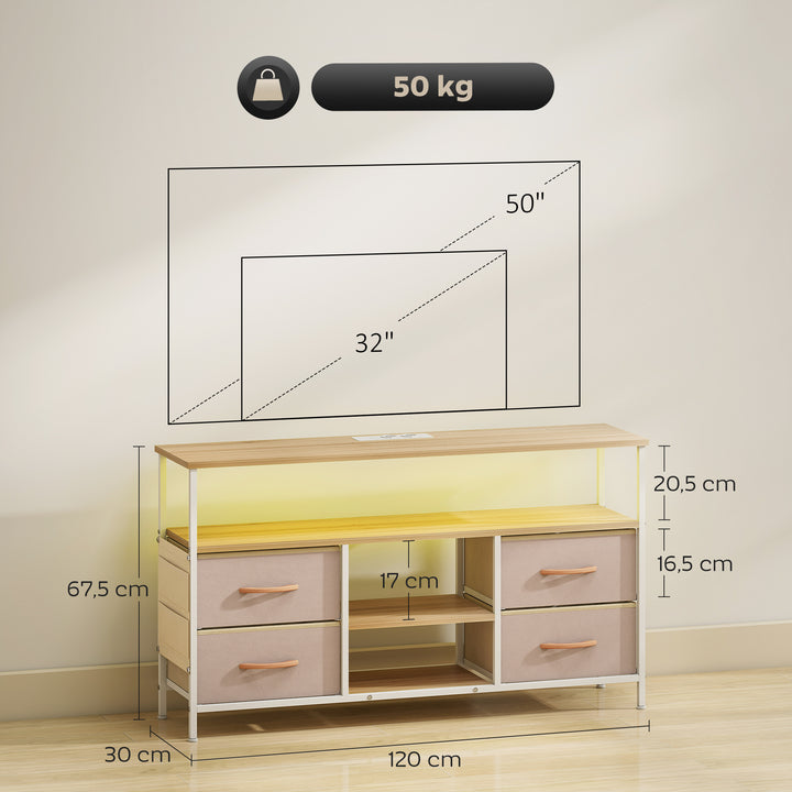 Móvel de TV com Luz LED Móvel de TV para Sala com Tomadas Portas USB Prateleiras Abertas 4 Gavetas de Tecido e Bolso para Televisão até 50 Polegadas 120x30x67,5 cm Bege e Madeira