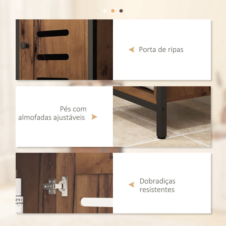 Coluna Casa de Banho Armário Alto Casa de Banho Estreito com Porta de Ripas Prateleiras Ajustáveis Compartimentos Abertos Estrutura de Aço 37x30x167 cm Castanho Rústico