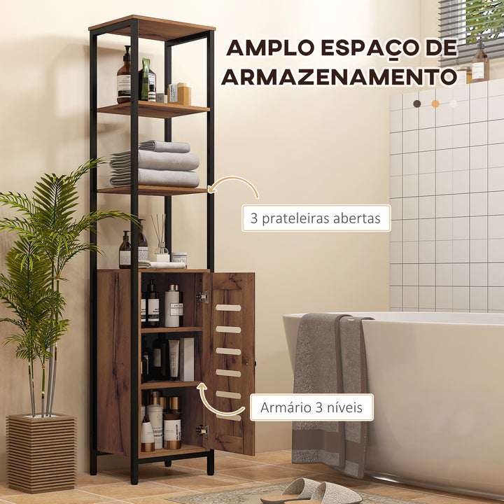 Coluna Casa de Banho Armário Alto Casa de Banho Estreito com Porta de Ripas Prateleiras Ajustáveis Compartimentos Abertos Estrutura de Aço 37x30x167 cm Castanho Rústico
