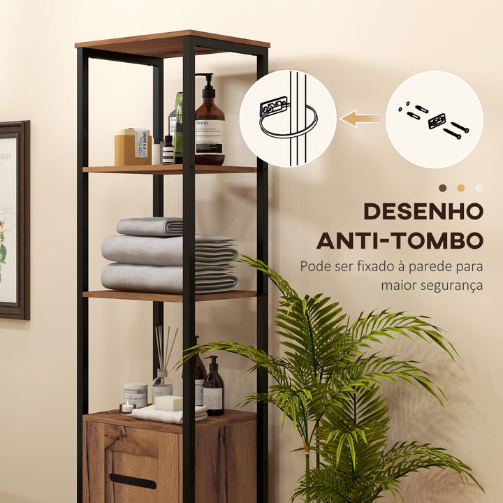 Coluna Casa de Banho Armário Alto Casa de Banho Estreito com Porta de Ripas Prateleiras Ajustáveis Compartimentos Abertos Estrutura de Aço 37x30x167 cm Castanho Rústico
