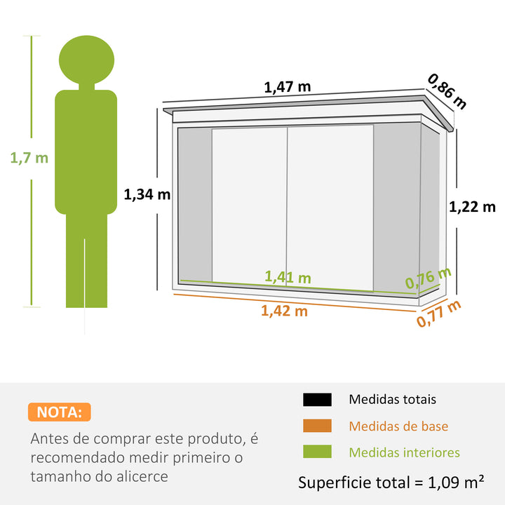 Abrigo de Jardim 1,26 m² 147x86x134 cm Abrigo de Exterior de Aço Galvanizado com 2 Portas para Armazenamento de Ferramentas Preto