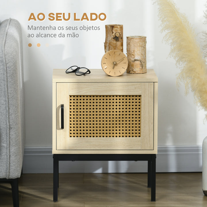 Mesa de Cabeceira com Porta de Vime Mesa de Cabeceira Estilo Cannage com Pés de Metal para Sala de Estar Dormitório 43x30x51 cm Madeira e Preto