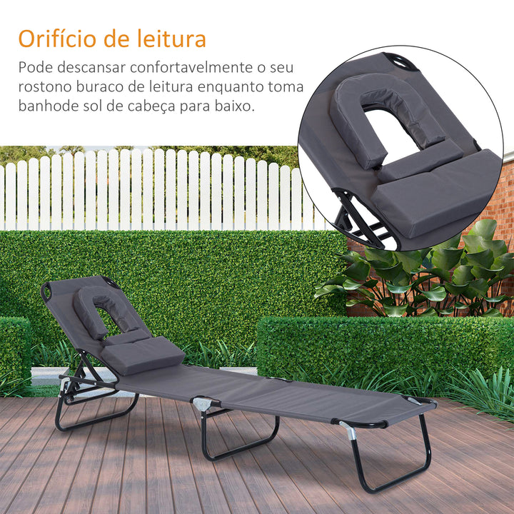 Espreguiçadeira Dobrável com Encosto Ajustável em 4 Posições Espreguiçadeira de Jardim com Almofada Estrutura de Aço Tecido Oxford para Acampamento Praia Terraço 190x56x28cm Cinza
