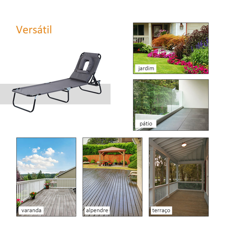 Espreguiçadeira Dobrável com Encosto Ajustável em 4 Posições Espreguiçadeira de Jardim com Almofada Estrutura de Aço Tecido Oxford para Acampamento Praia Terraço 190x56x28cm Cinza