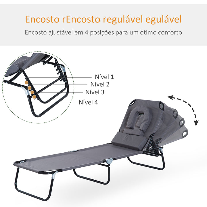 Espreguiçadeira Dobrável com Encosto Ajustável em 4 Posições Espreguiçadeira de Jardim com Almofada Estrutura de Aço Tecido Oxford para Acampamento Praia Terraço 190x56x28cm Cinza