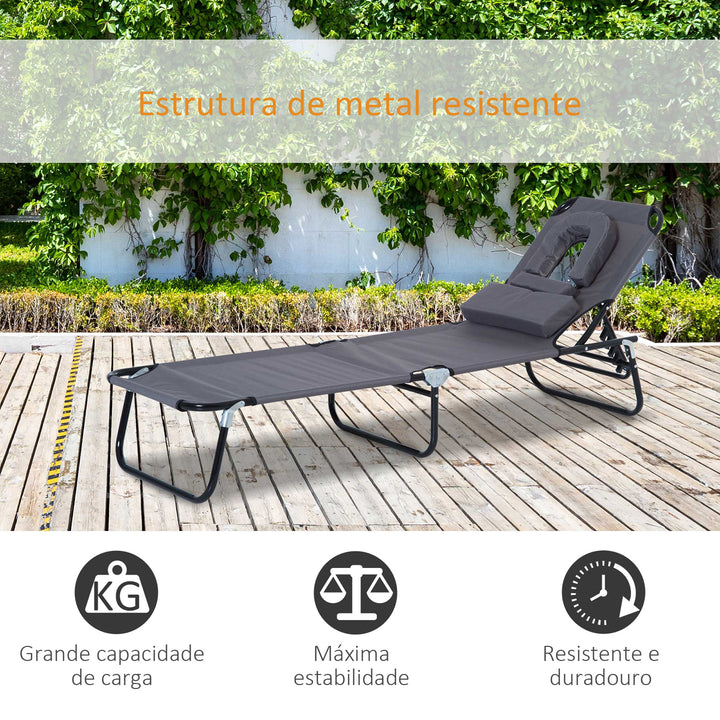 Espreguiçadeira Dobrável com Encosto Ajustável em 4 Posições Espreguiçadeira de Jardim com Almofada Estrutura de Aço Tecido Oxford para Acampamento Praia Terraço 190x56x28cm Cinza