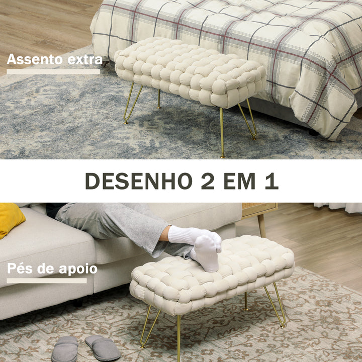 Apoio para os Pés Sala de Estar Apoio para os Pés em Veludo com Pés de Metal e Assento Acolchoado para Dormitório Entrada 76x38x41,5 cm Creme