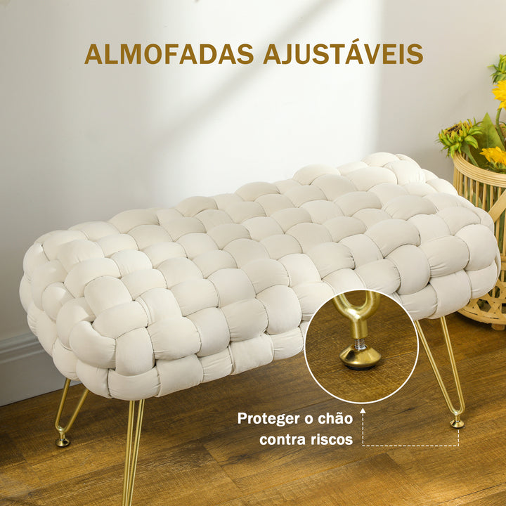 Apoio para os Pés Sala de Estar Apoio para os Pés em Veludo com Pés de Metal e Assento Acolchoado para Dormitório Entrada 76x38x41,5 cm Creme