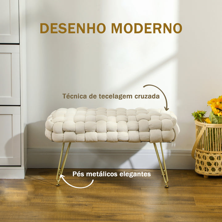 Apoio para os Pés Sala de Estar Apoio para os Pés em Veludo com Pés de Metal e Assento Acolchoado para Dormitório Entrada 76x38x41,5 cm Creme