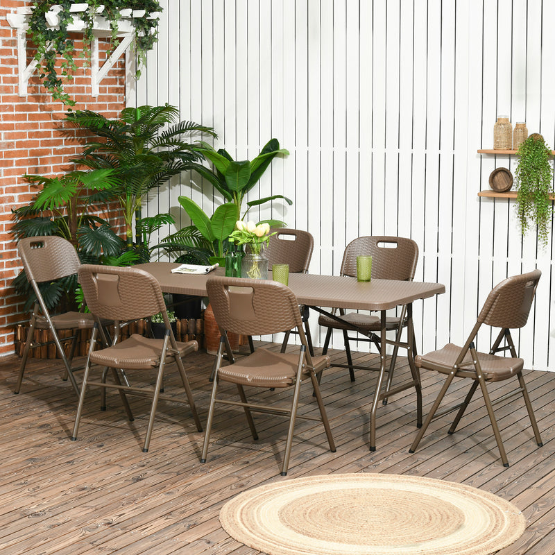 Conjunto de Mesa e 6 Cadeiras de Jardim Conjunto de Refeição de 7 Peças Dobrável com Imitação de Vime com Estrutura de Aço para Pátio Varanda Marrom