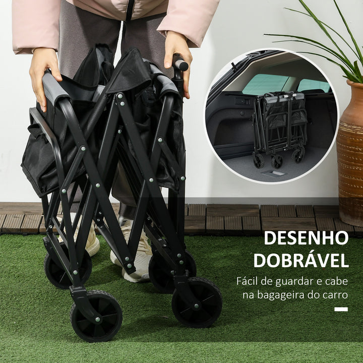 Carrinho de Transporte Carrinho Dobrável com 4 Rodas Manípulo Ajustável Capacidade 70 L Carga 80 kg para Jardim Praia Campismo Preto