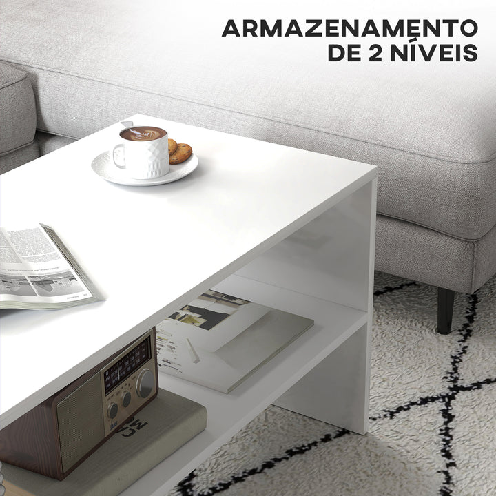Mesa de Centro Mesa Auxiliar com Compartimento Aberto Mesa de Café para Sala de Estar 100x40x41,5 cm Branco Brilhante