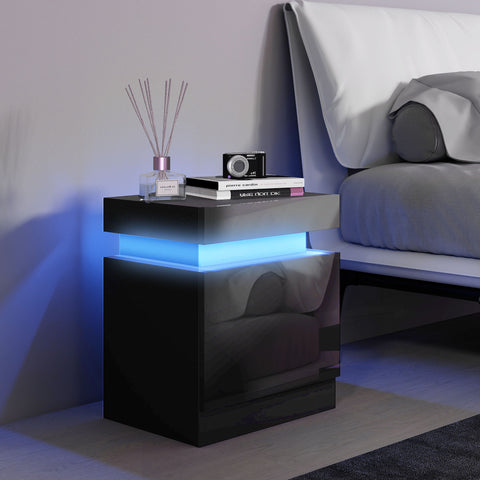 Mesa de Cabeceira com Luz LED Mesa de Cabeceira com Painel de Alto Brilho 2 Gavetas e Controlo Remoto para Sala de Estar Dormitório 45x35x52 cm Preto