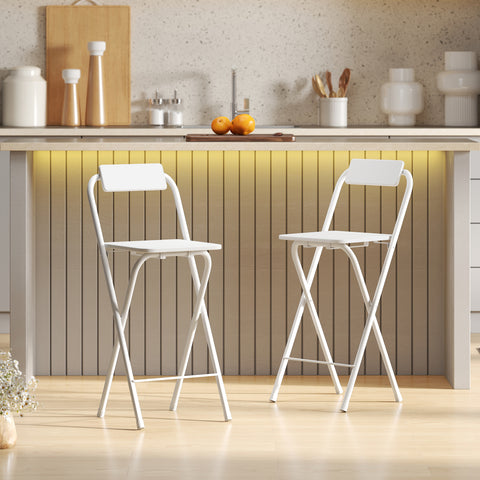 Conjunto de 2 Bancos de Bar Dobráveis Bancos Altos de Cozinha com Encosto Apoio para os Pés e Estrutura de Aço para Sala de Jantar Balcão 37x45x87 cm Branco