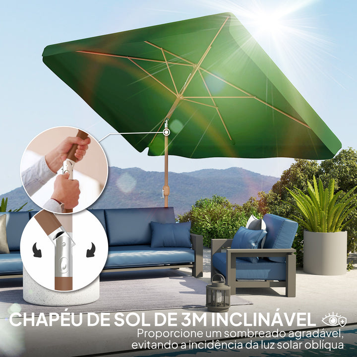 Chapéu de Sol de Jardim 300x200 cm Chapéu de Sol de Exterior com Ângulo Ajustável Mastro de Alumínio Manivela e Proteção UV 50+ Chapéu de Sol para Jardim Pátio Verde