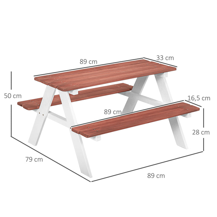 Conjunto de Mesa e 2 Bancos Infantil de Madeira Mesa de Piquenique para Crianças de 3-8 Anos para Jardim Pátio Varanda 89x79x50 cm Marrom e Branco